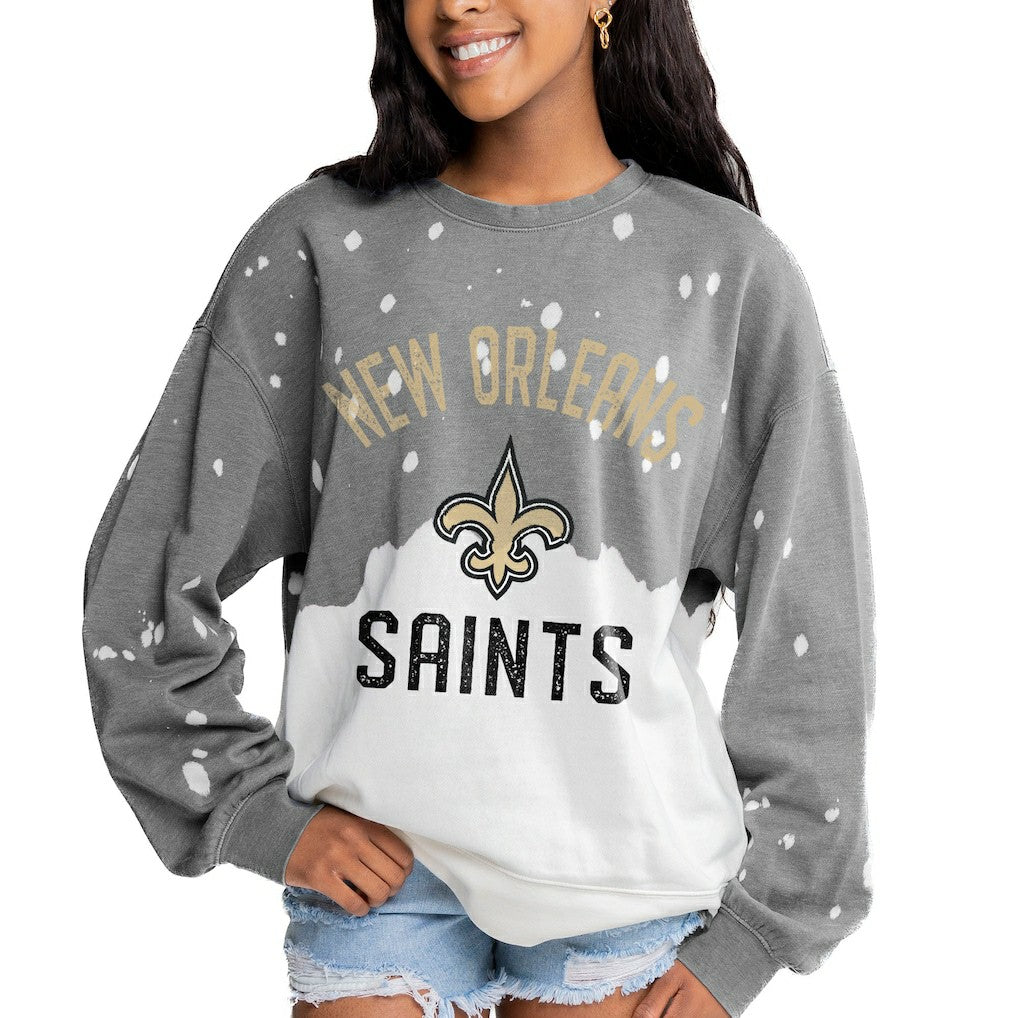 New Orleans Saints Gameday Couture Women's Oversized Coin Toss Faded French Terry Tri-Blend Pullover Sweatshirt Gray | NFL