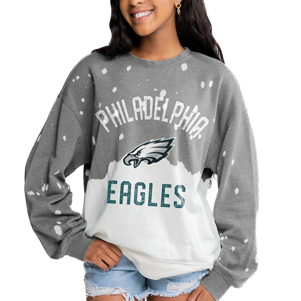 Philadelphia Eagles Gameday Couture Women's Oversized Coin Toss Faded French Terry Tri-Blend Pullover Sweatshirt Gray | NFL