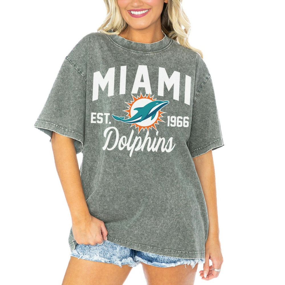 Miami Dolphins Gameday Couture Women's Tackle Titan Boyfriend Washed T-Shirt Gray | NFL