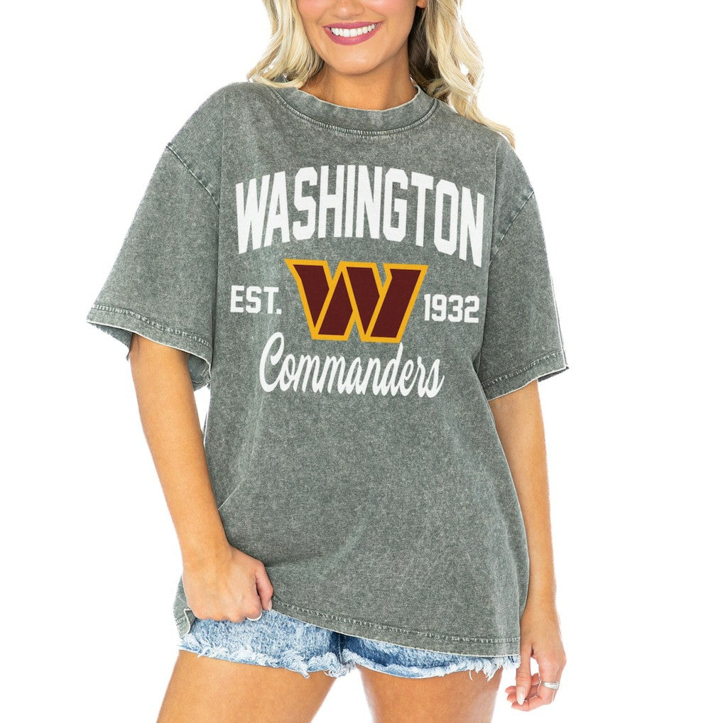 Washington Commanders Gameday Couture Women's Tackle Titan Boyfriend Washed T-Shirt Gray | NFL