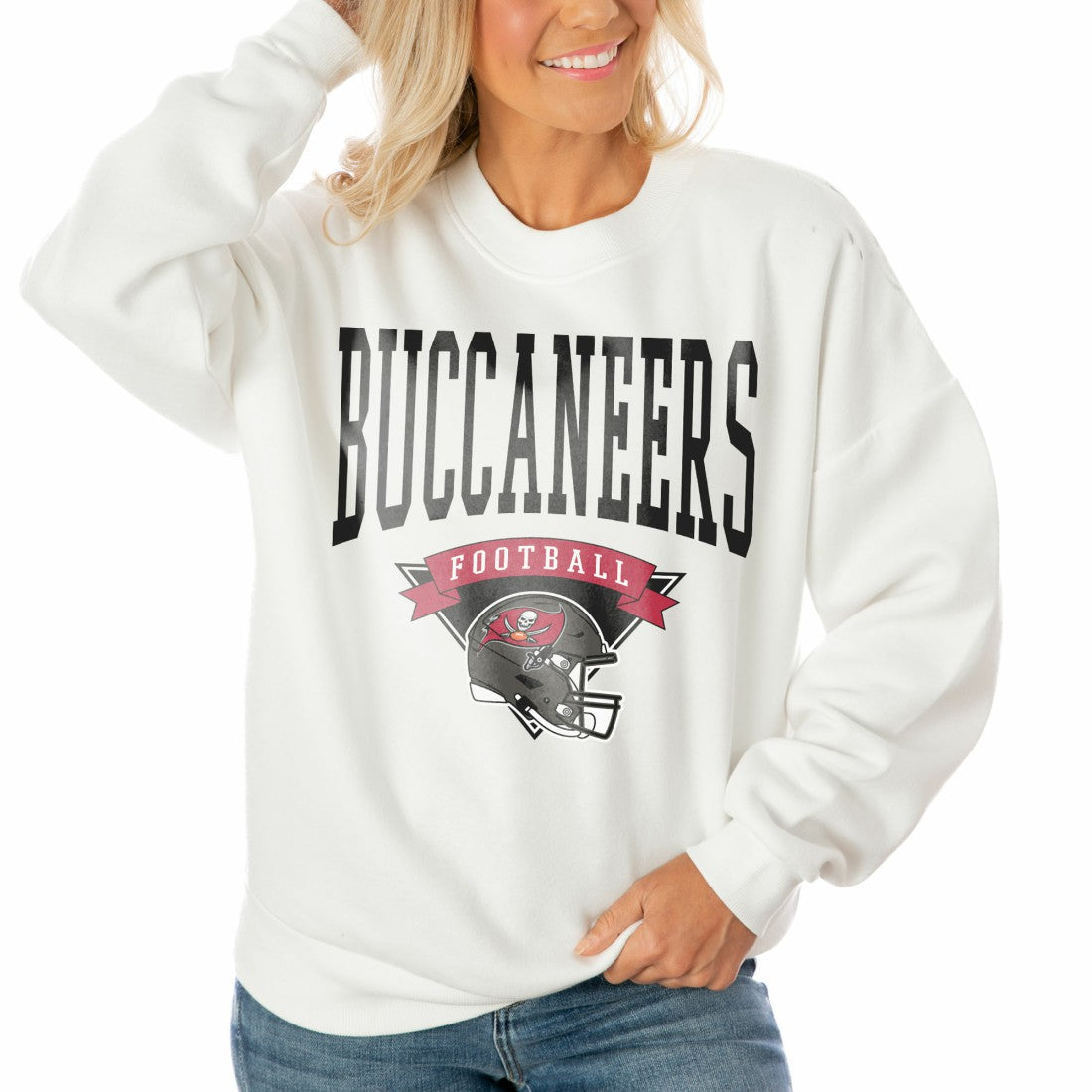 Tampa Bay Buccaneers Gameday Couture Women's Oversized Yard Line Tri-Blend Pullover Sweatshirt White | NFL