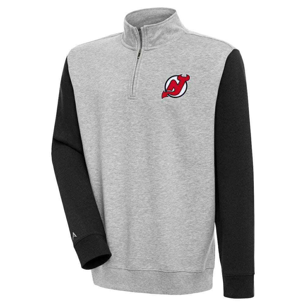 New Jersey Devils Antigua Victory Colorblock Quarter-Zip Pullover Top - Heather Gray/Black - NHL