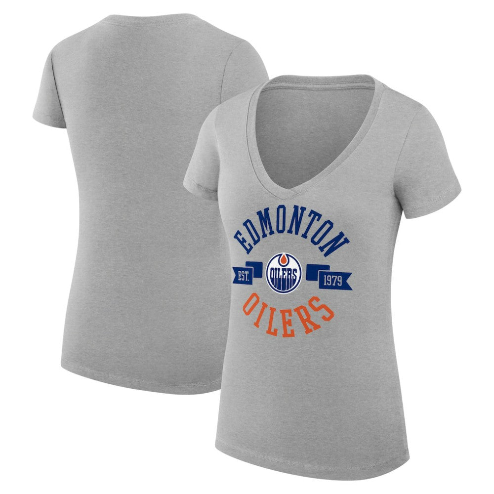 Edmonton Oilers G-III 4Her by Carl Banks Women's Super-Slim Fit Lightweight City Graphic V-Neck T-Shirt - Heather Gray - NHL