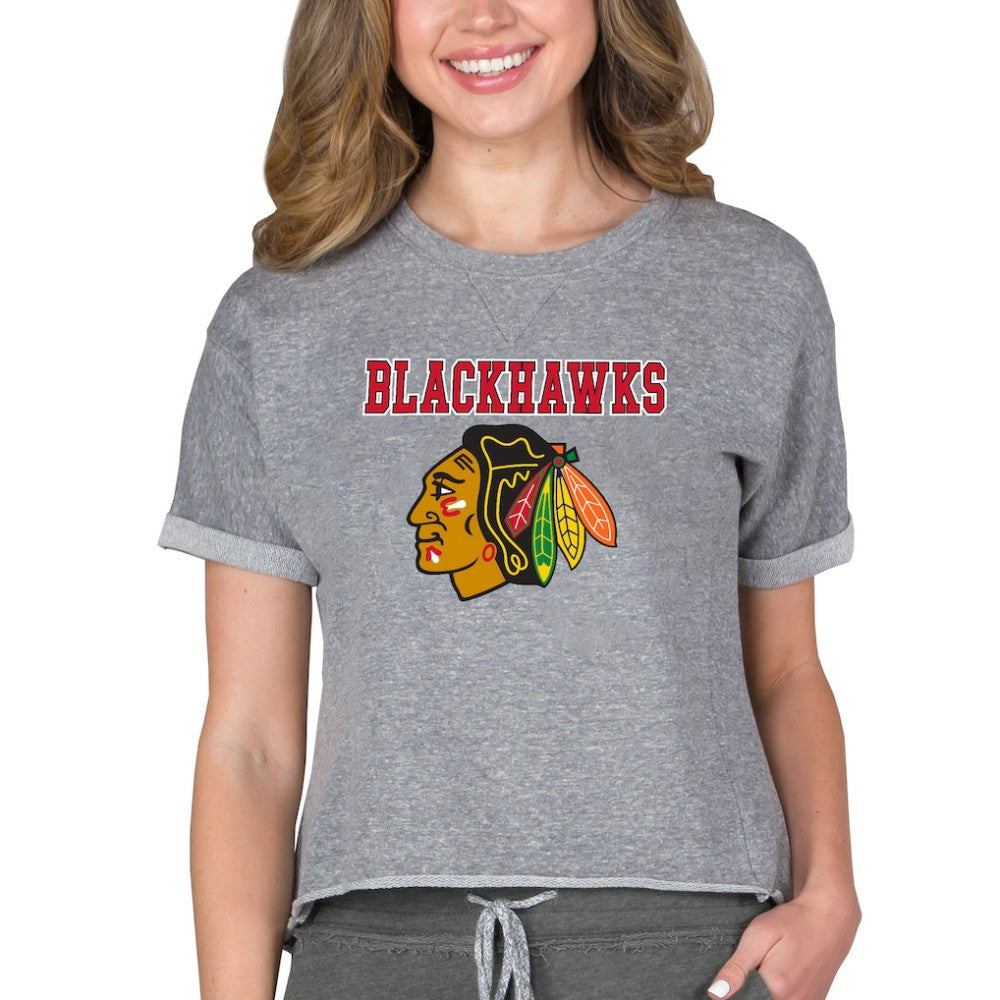 Chicago Blackhawks Concepts Sport Women's Tri-Blend Mainstream Terry Short Sleeve Sweatshirt Top - Heather Gray - NHL