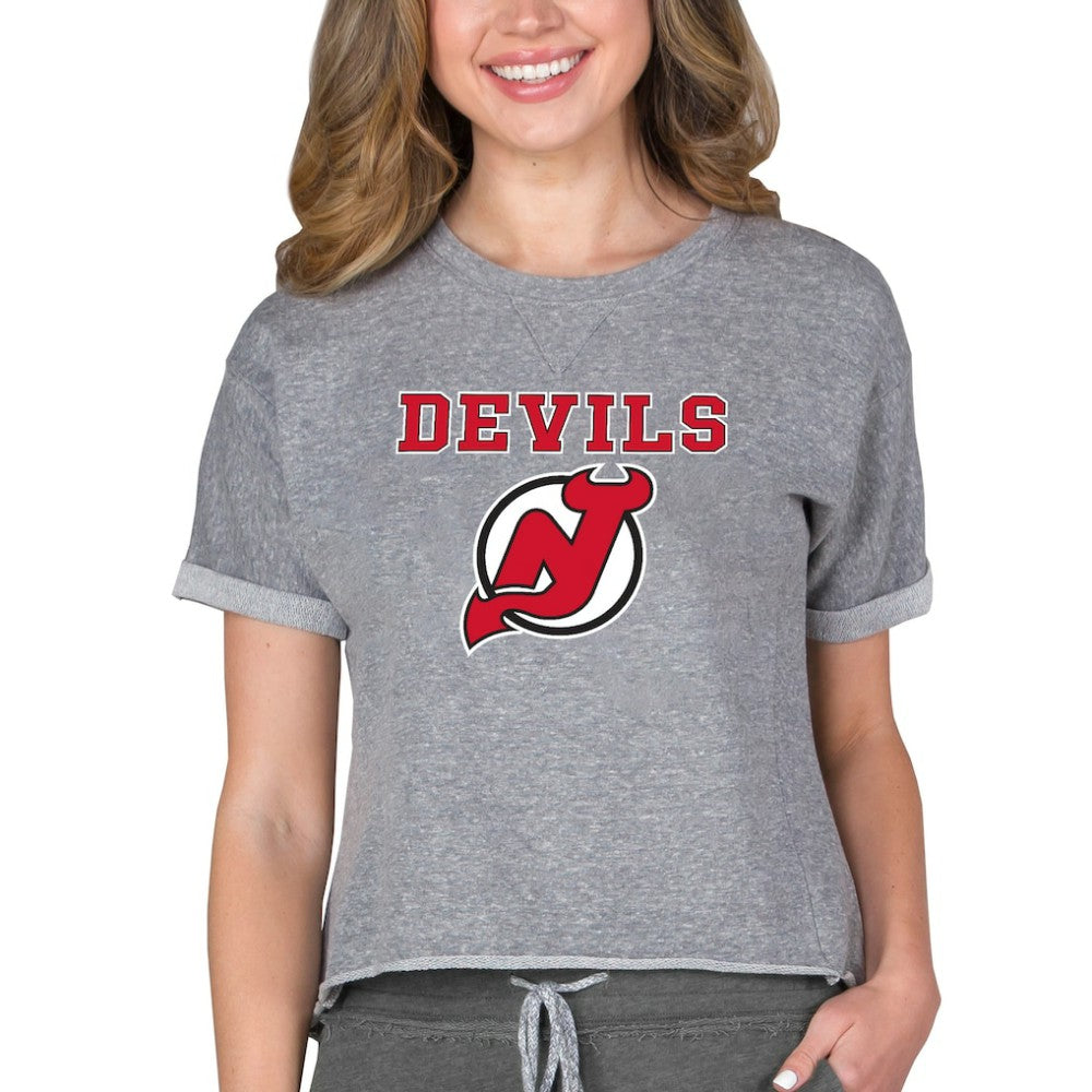 New Jersey Devils Concepts Sport Women's Tri-Blend Mainstream Terry Short Sleeve Sweatshirt Top - Heather Gray - NHL