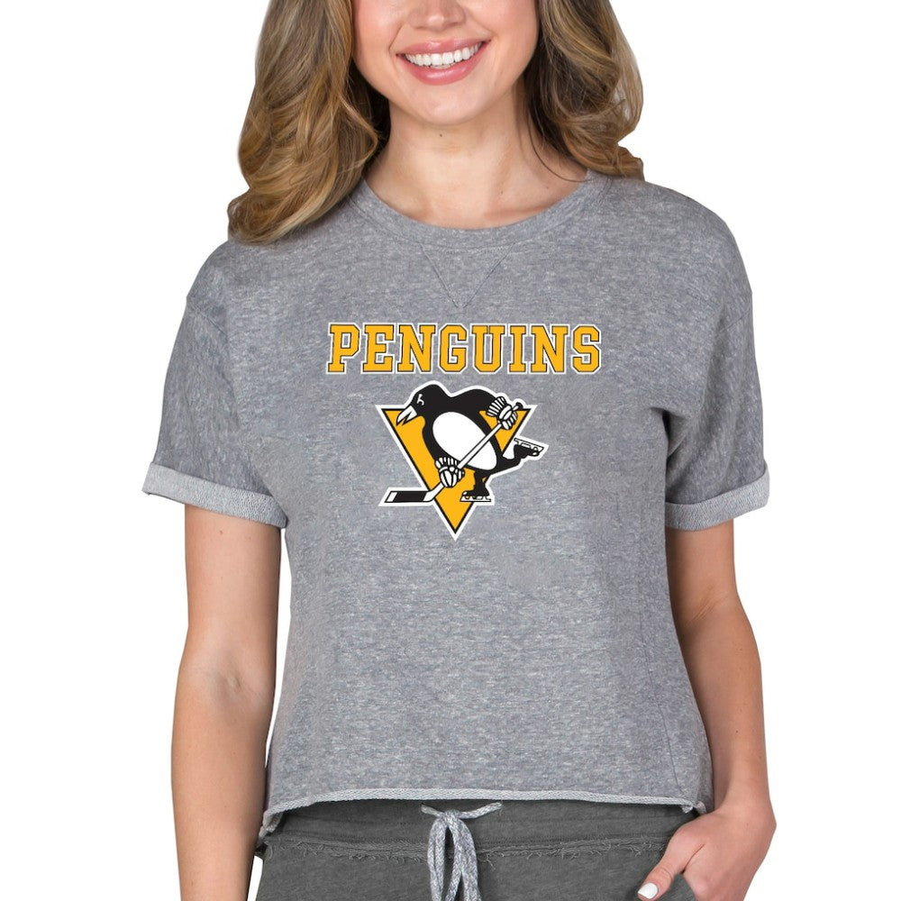 Pittsburgh Penguins Concepts Sport Women's Tri-Blend Mainstream Terry Short Sleeve Sweatshirt Top - Heather Gray - NHL