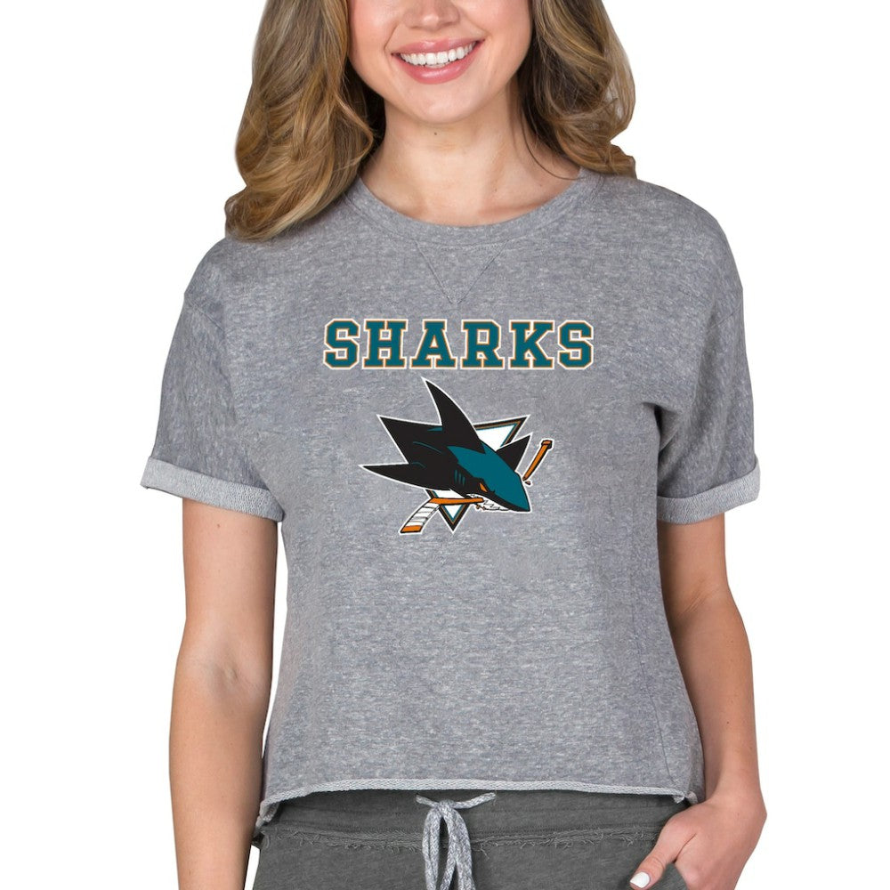 San Jose Sharks Concepts Sport Women's Tri-Blend Mainstream Terry Short Sleeve Sweatshirt Top - Heather Gray - NHL