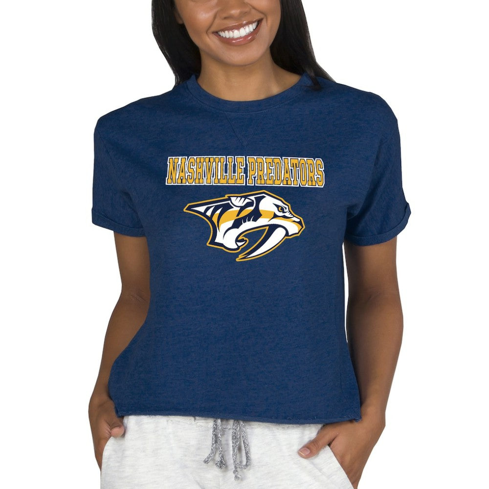 Nashville Predators Concepts Sport Women's Tri-Blend Mainstream Terry Short Sleeve Sweatshirt Top - Navy - NHL