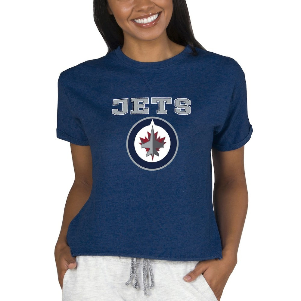 Winnipeg Jets Concepts Sport Women's Tri-Blend Mainstream Terry Short Sleeve Sweatshirt Top - Navy - NHL