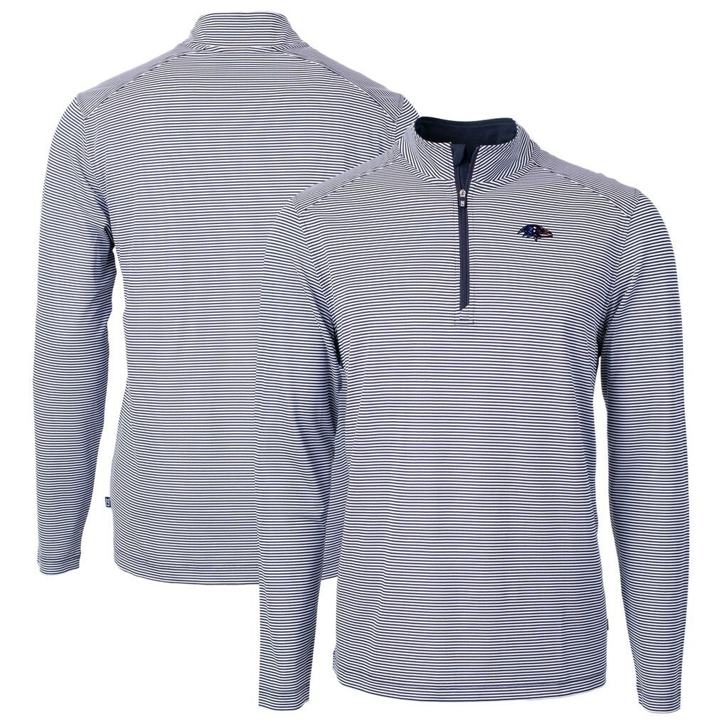 Baltimore Ravens Cutter & Buck Virtue Eco Pique Micro Stripe Recycled Quarter-Zip Pullover Top Navy/White | NFL