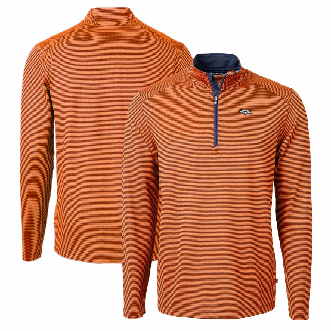 Denver Broncos Cutter & Buck Virtue Eco Pique Micro Stripe Recycled Quarter-Zip Pullover Top Orange/Navy | NFL