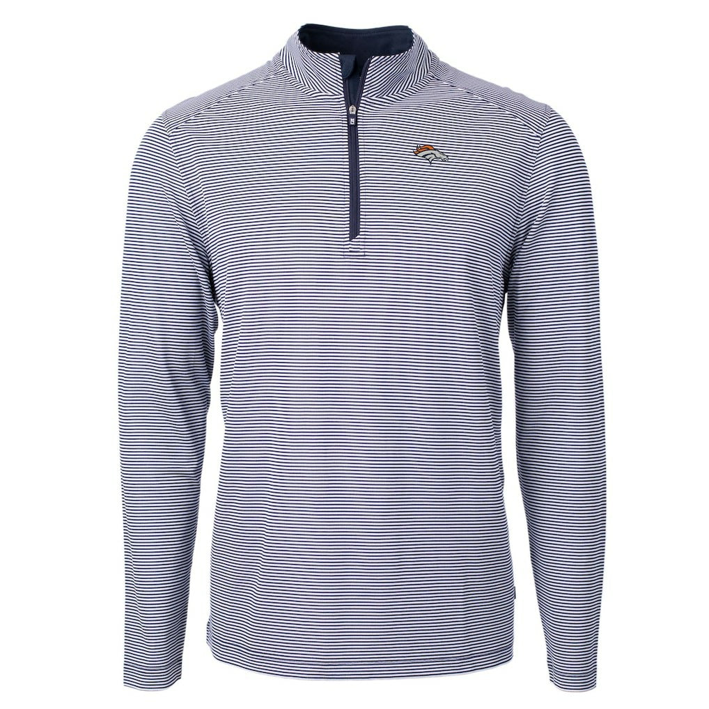 Denver Broncos Cutter & Buck Virtue Eco Pique Micro Stripe Recycled Quarter-Zip Pullover Top Navy/White | NFL