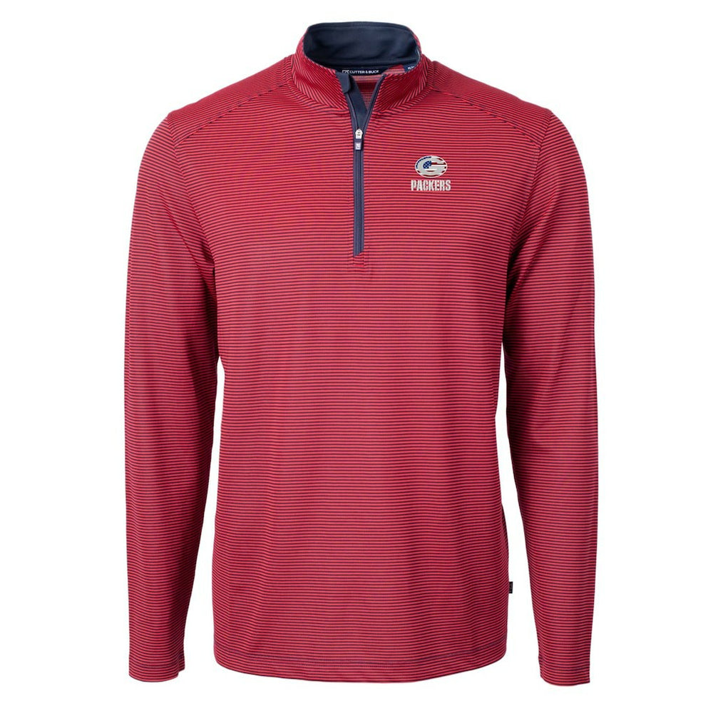 Green Bay Packers Cutter & Buck Virtue Eco Pique Micro Stripe Recycled Quarter-Zip Pullover Top Red/Navy | NFL