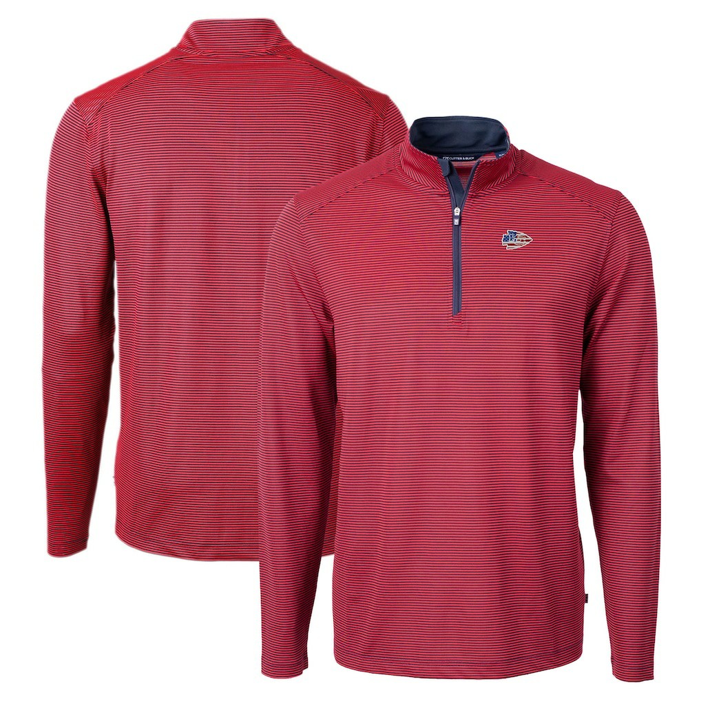 Kansas City Chiefs Cutter & Buck Virtue Eco Pique Micro Stripe Recycled Quarter-Zip Pullover Top Red/Navy | NFL