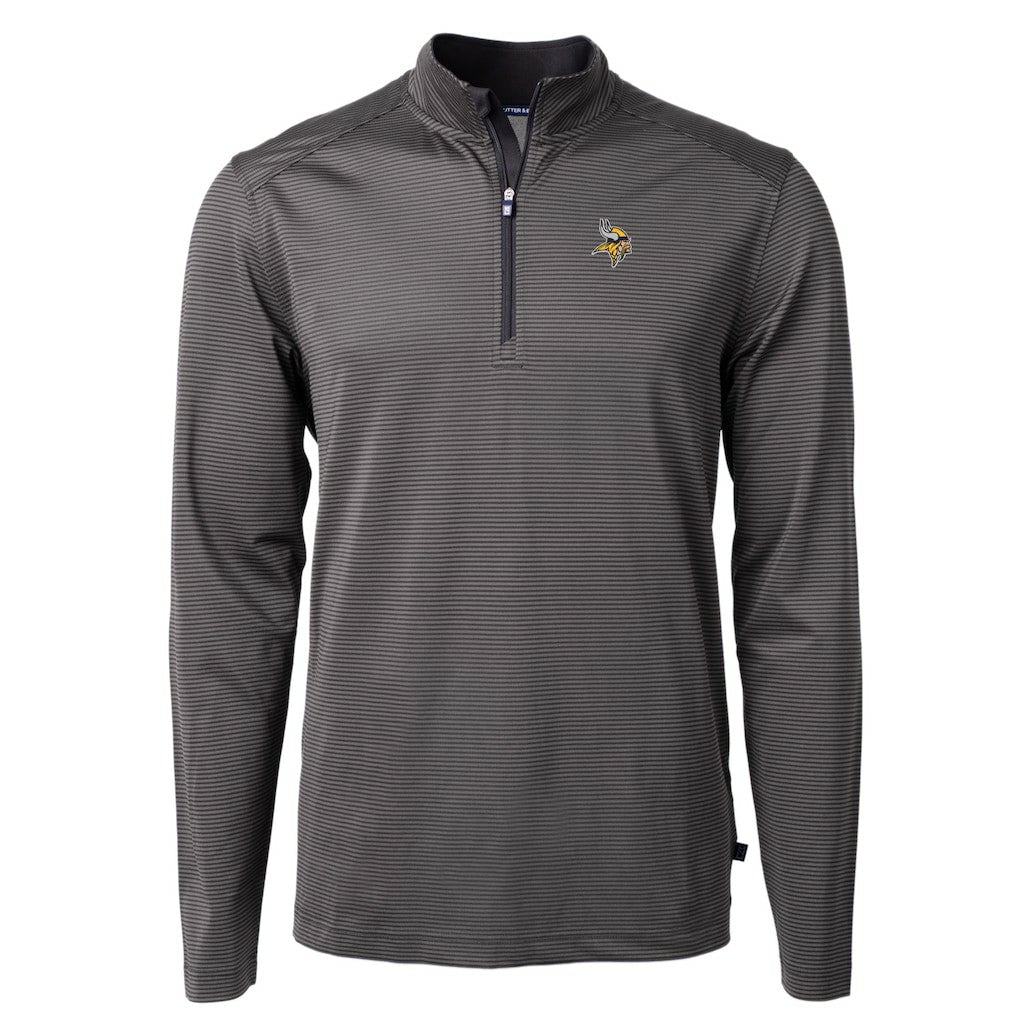 Minnesota Vikings Cutter & Buck Virtue Eco Pique Micro Stripe Recycled Quarter-Zip Pullover Top Black/Gray | NFL