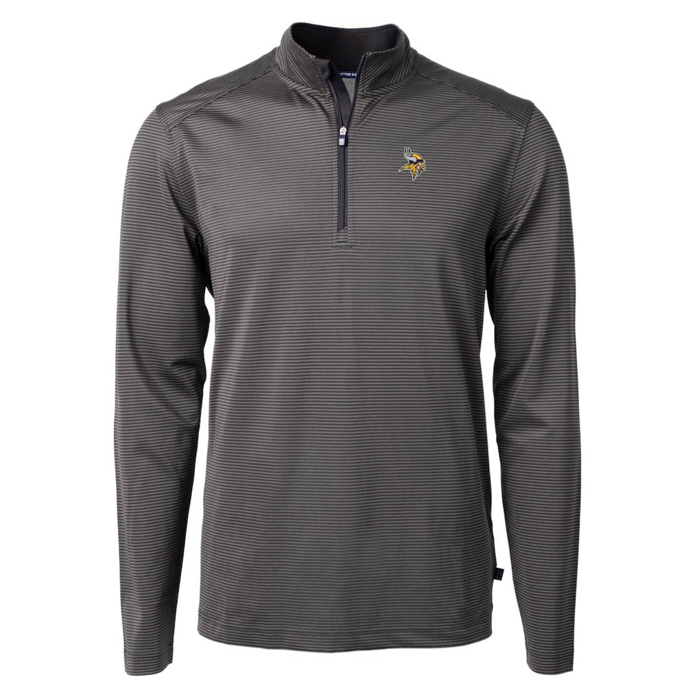 Minnesota Vikings Cutter & Buck Virtue Eco Pique Micro Stripe Recycled Quarter-Zip Pullover Top Black/Gray | NFL