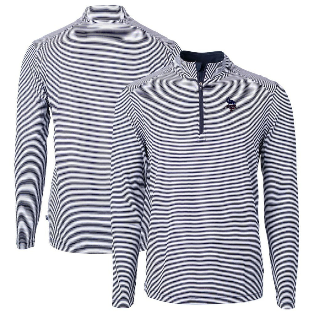 Minnesota Vikings Cutter & Buck Virtue Eco Pique Micro Stripe Recycled Quarter-Zip Pullover Top Navy/White | NFL