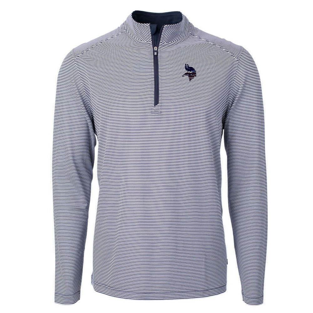 Minnesota Vikings Cutter & Buck Virtue Eco Pique Micro Stripe Recycled Quarter-Zip Pullover Top Navy/White | NFL