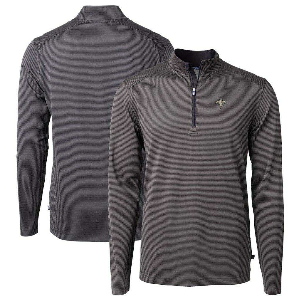 New Orleans Saints Cutter & Buck Virtue Eco Pique Micro Stripe Recycled Quarter-Zip Pullover Top Black/Gray | NFL