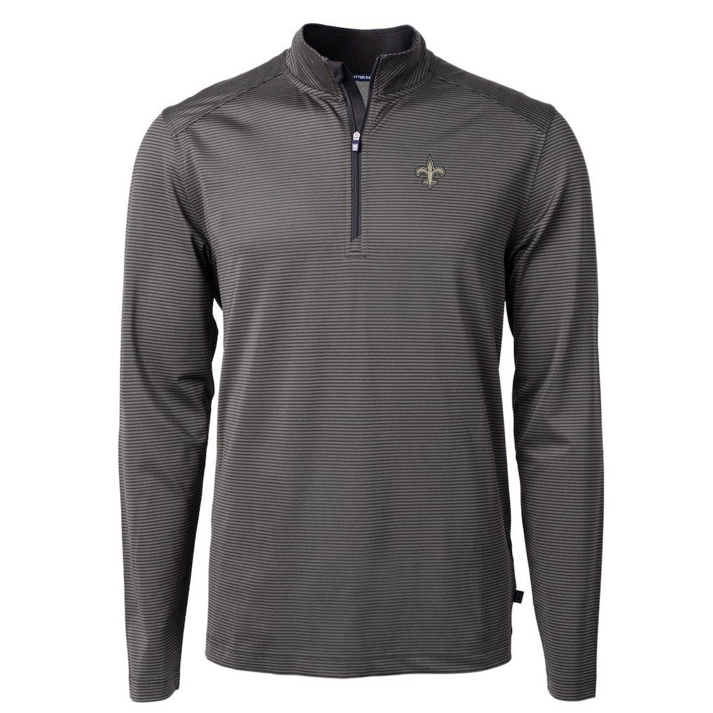 New Orleans Saints Cutter & Buck Virtue Eco Pique Micro Stripe Recycled Quarter-Zip Pullover Top Black/Gray | NFL