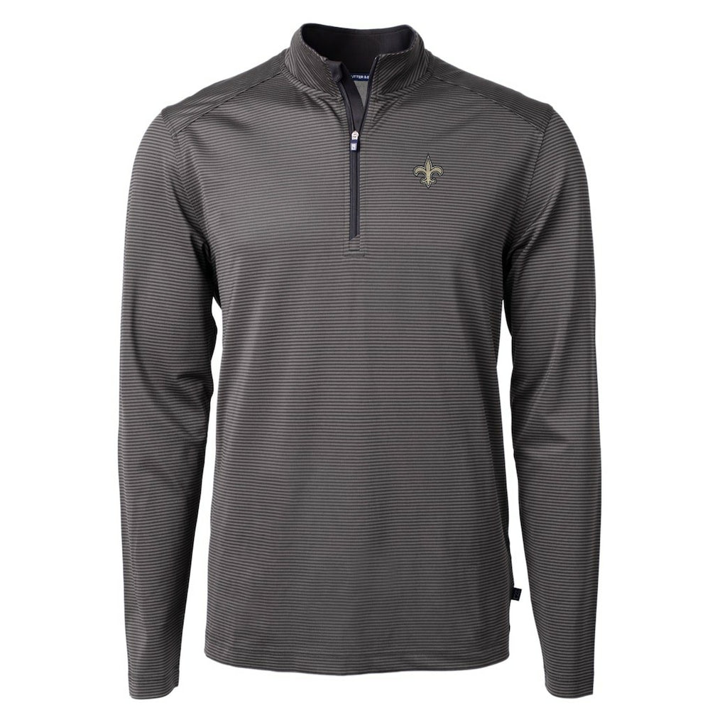 New Orleans Saints Cutter & Buck Virtue Eco Pique Micro Stripe Recycled Quarter-Zip Pullover Top Black/Gray | NFL