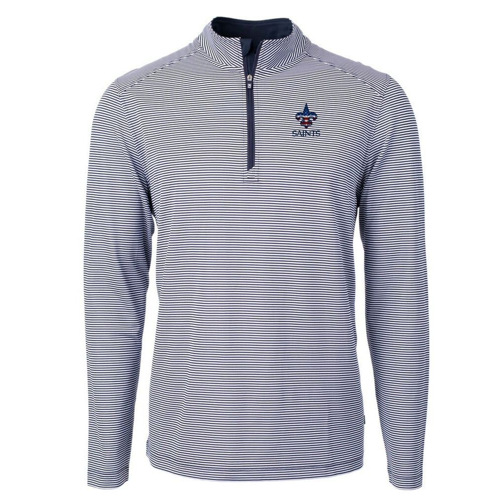 New Orleans Saints Cutter & Buck Virtue Eco Pique Micro Stripe Recycled Quarter-Zip Pullover Top Navy/White | NFL