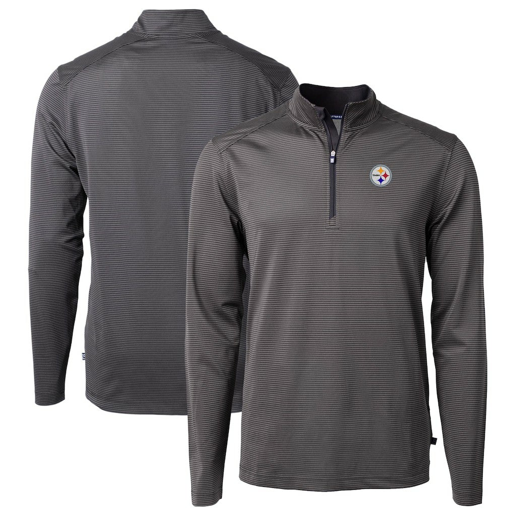 Pittsburgh Steelers Cutter & Buck Virtue Eco Pique Micro Stripe Recycled Quarter-Zip Pullover Top Black/Gray | NFL