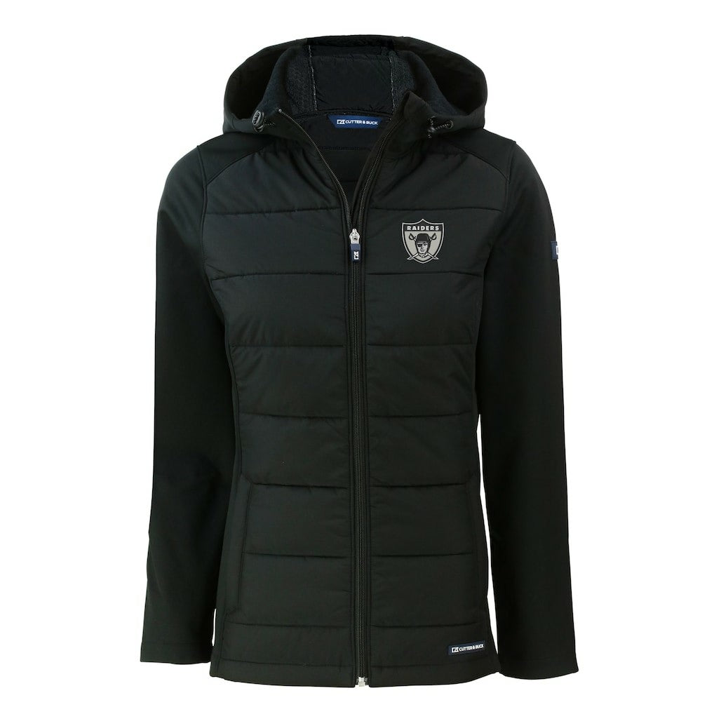 Las Vegas Raiders Cutter & Buck Women's Throwback Evoke Hybrid Eco Softshell Recycled Full-Zip Hoodie Jacket Black | NFL