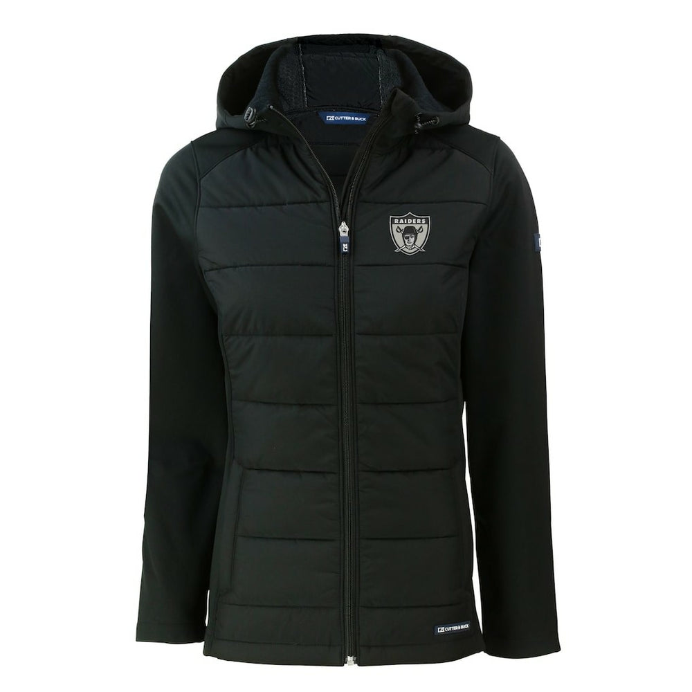Las Vegas Raiders Cutter & Buck Women's Throwback Evoke Hybrid Eco Softshell Recycled Full-Zip Hoodie Jacket Black | NFL