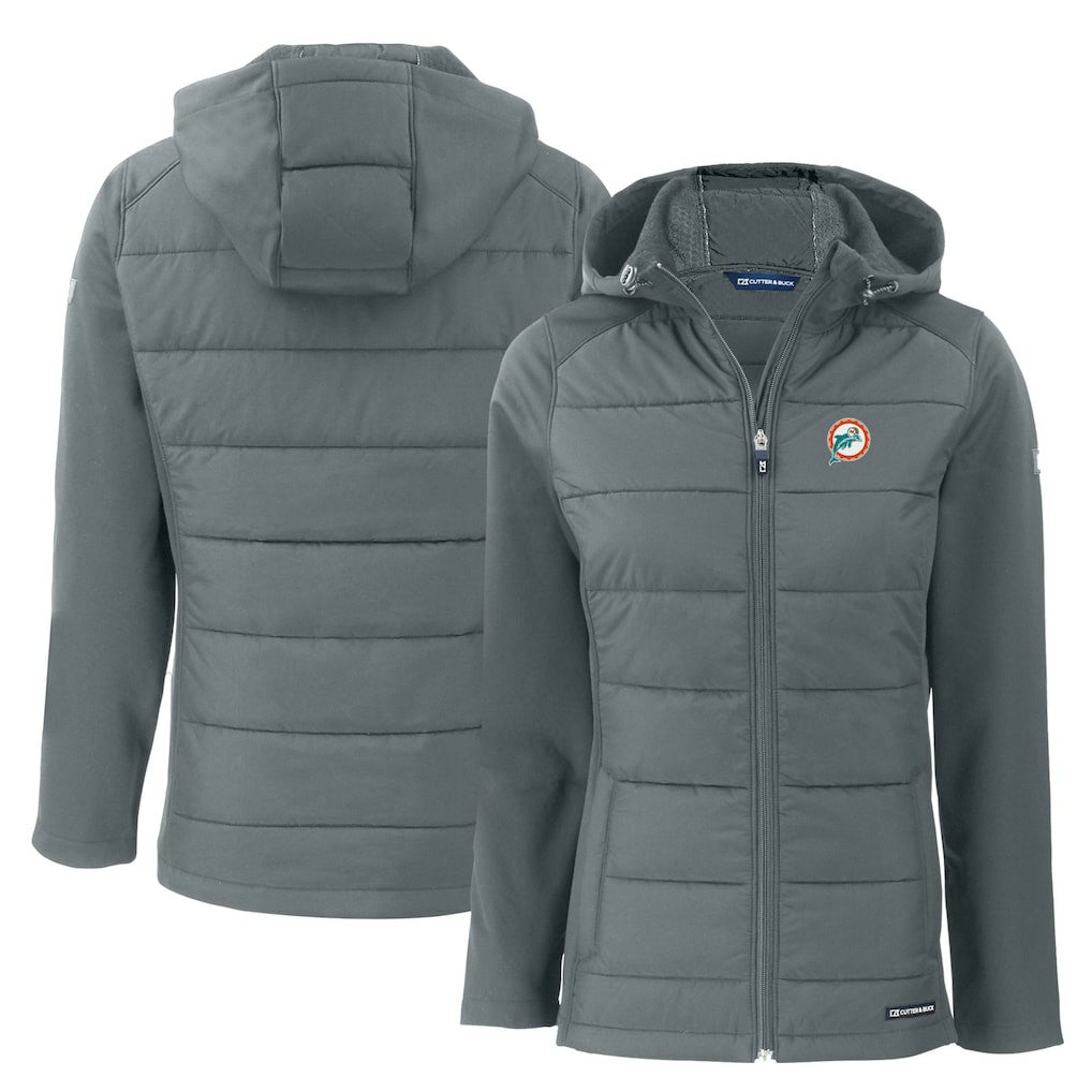 Miami Dolphins Cutter & Buck Women's Throwback Evoke Hybrid Eco Softshell Recycled Full-Zip Hoodie Jacket Gray | NFL