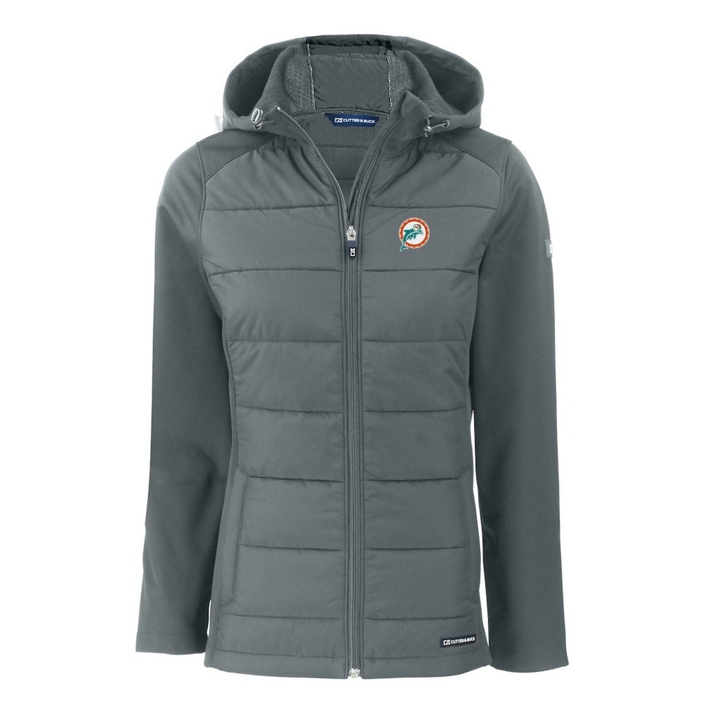 Miami Dolphins Cutter & Buck Women's Throwback Evoke Hybrid Eco Softshell Recycled Full-Zip Hoodie Jacket Gray | NFL