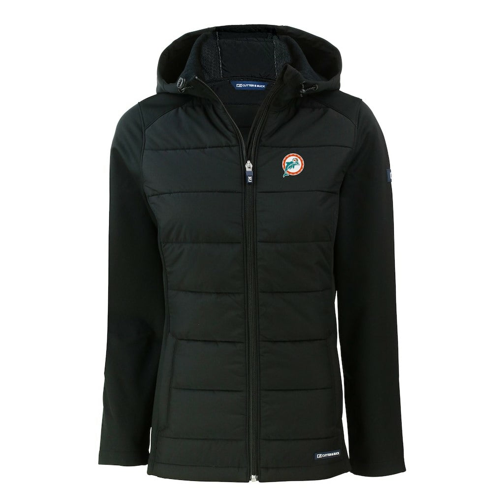 Miami Dolphins Cutter & Buck Women's Throwback Evoke Hybrid Eco Softshell Recycled Full-Zip Hoodie Jacket Black | NFL