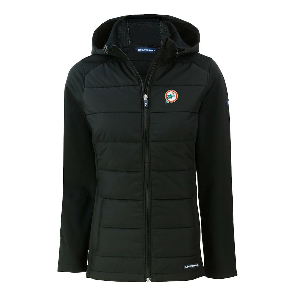 Miami Dolphins Cutter & Buck Women's Throwback Evoke Hybrid Eco Softshell Recycled Full-Zip Hoodie Jacket Black | NFL