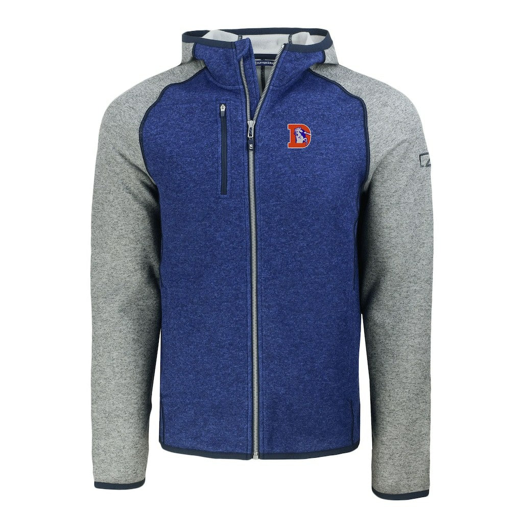 Denver Broncos Cutter & Buck Throwback Mainsail Sweater-Knit Full-Zip Hoodie Royal/Heather Gray | NFL