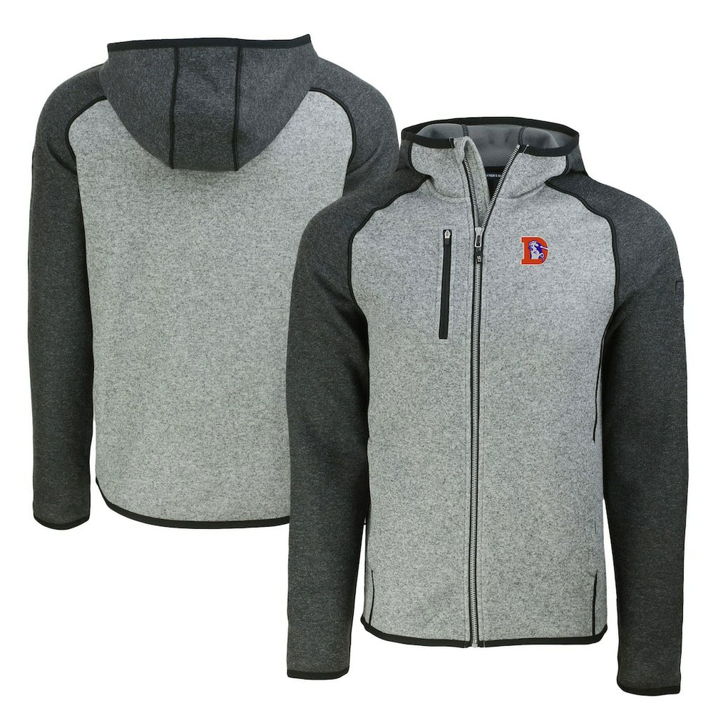 Denver Broncos Cutter & Buck Throwback Mainsail Sweater-Knit Full-Zip Hoodie Heather Gray/Heather Charcoal | NFL
