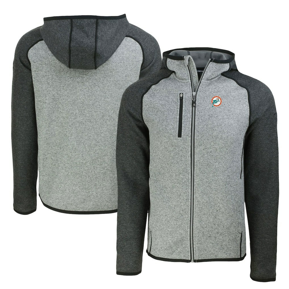 Miami Dolphins Cutter & Buck Throwback Mainsail Sweater-Knit Full-Zip Hoodie Heather Gray/Heather Charcoal | NFL