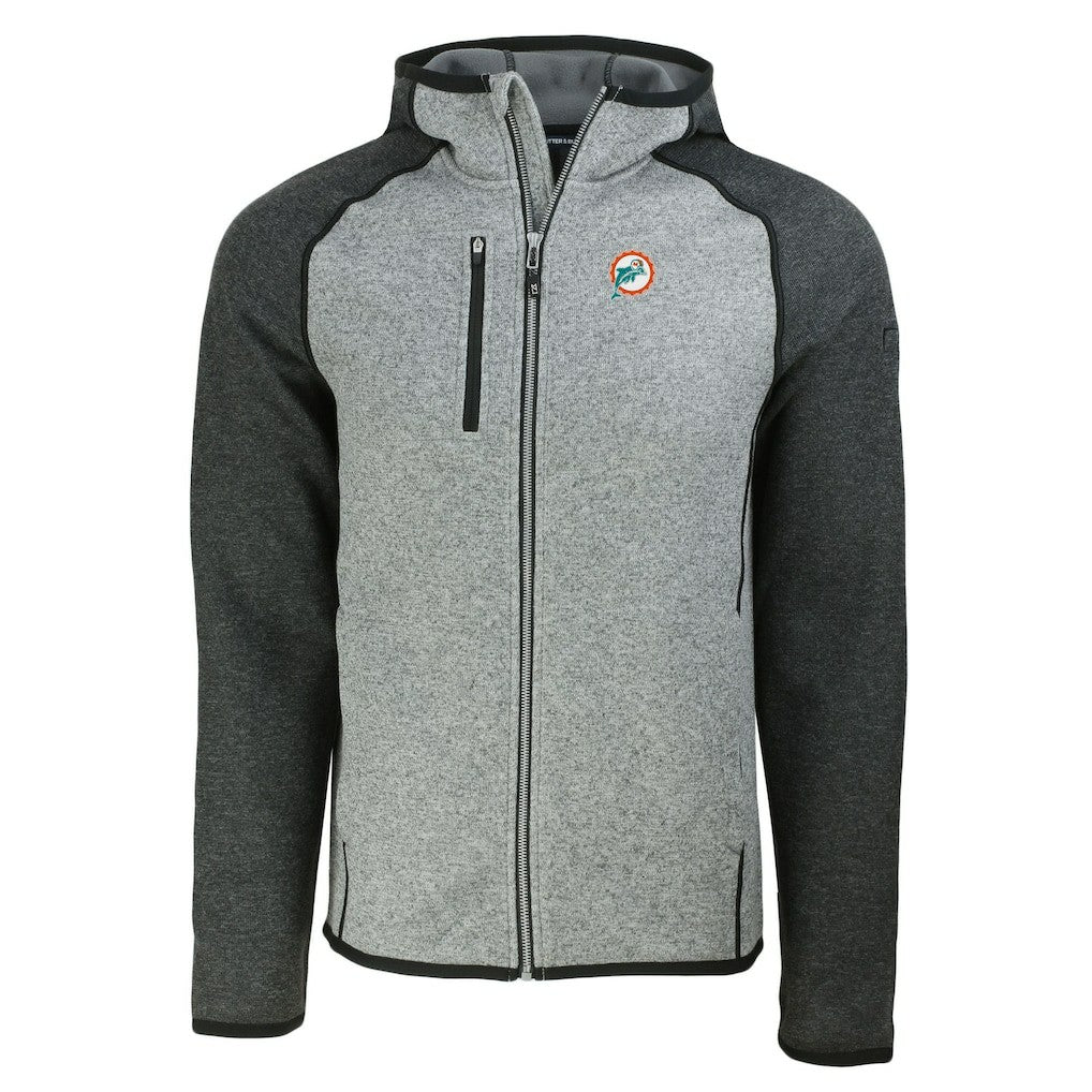 Miami Dolphins Cutter & Buck Throwback Mainsail Sweater-Knit Full-Zip Hoodie Heather Gray/Heather Charcoal | NFL