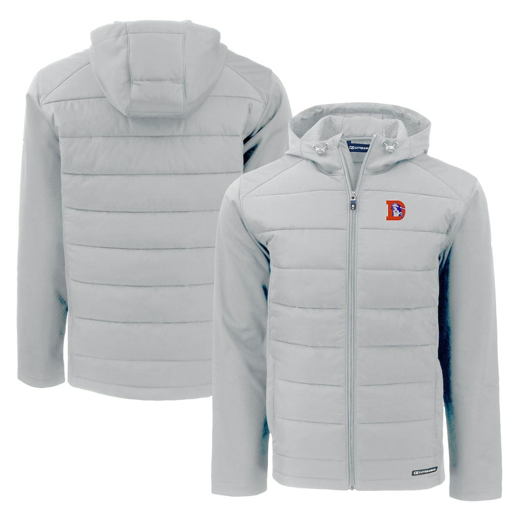 Denver Broncos Cutter & Buck Throwback Evoke Hybrid Eco Softshell Recycled Full-Zip Hoodie Jacket Gray | NFL