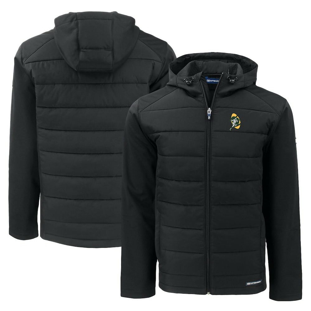 Green Bay Packers Cutter & Buck Throwback Evoke Hybrid Eco Softshell Recycled Full-Zip Hoodie Jacket Black | NFL