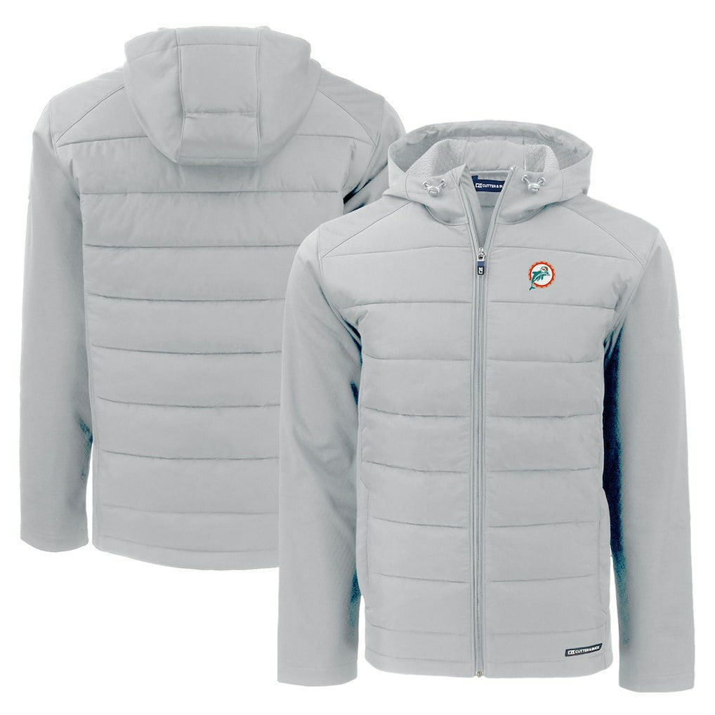Miami Dolphins Cutter & Buck Throwback Evoke Hybrid Eco Softshell Recycled Full-Zip Hoodie Jacket Gray | NFL