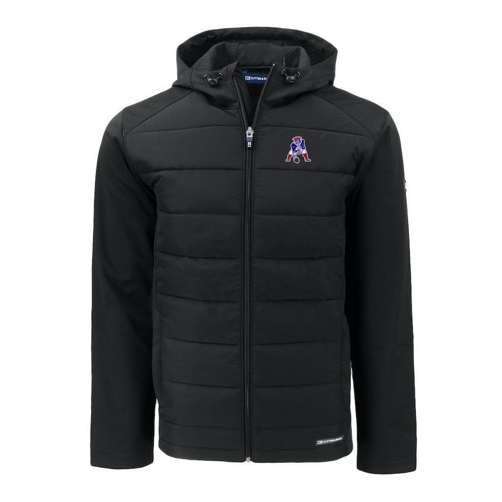 New England Patriots Cutter & Buck Throwback Evoke Hybrid Eco Softshell Recycled Full-Zip Hoodie Jacket Black | NFL