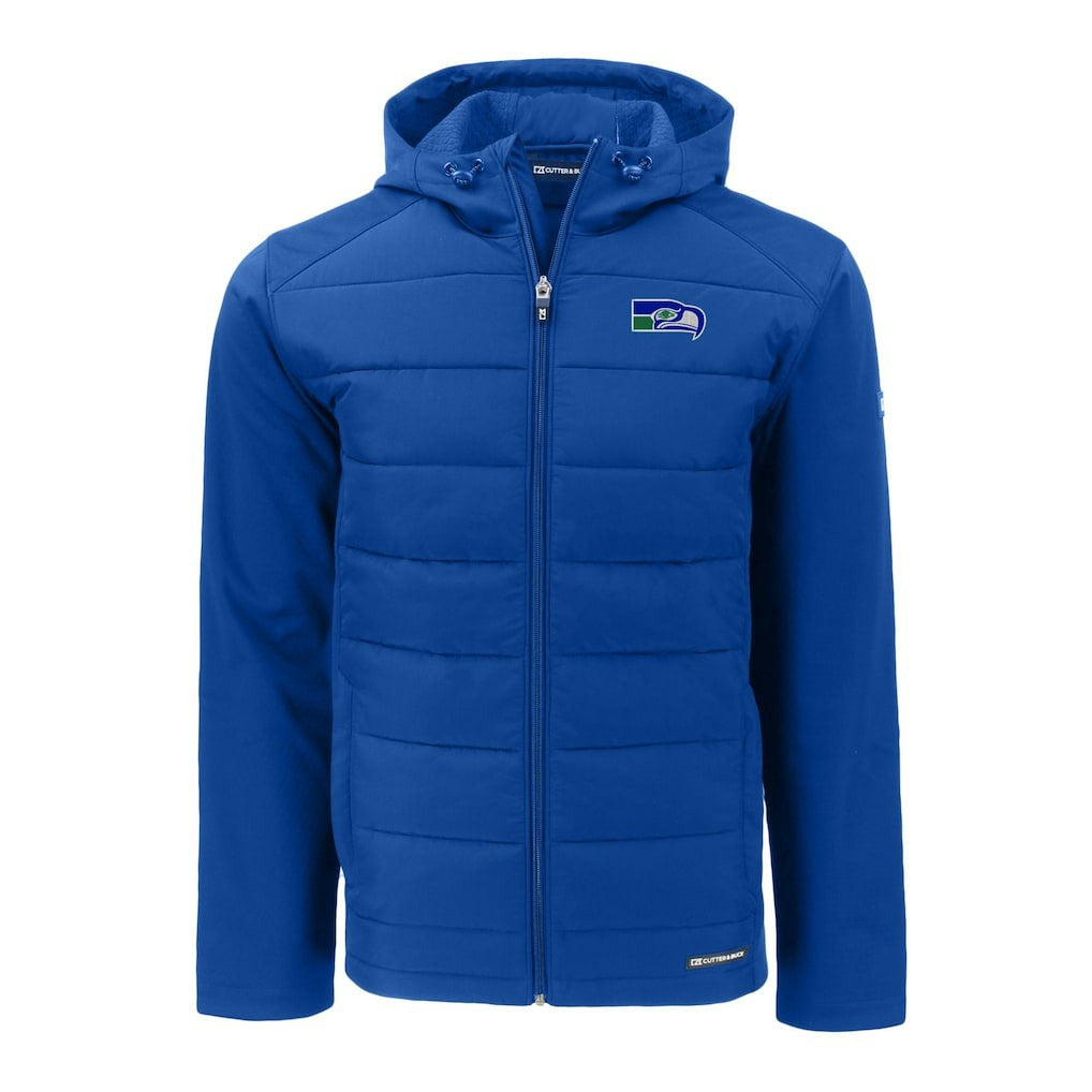 Seattle Seahawks Cutter & Buck Throwback Evoke Hybrid Eco Softshell Recycled Full-Zip Hoodie Jacket Royal | NFL