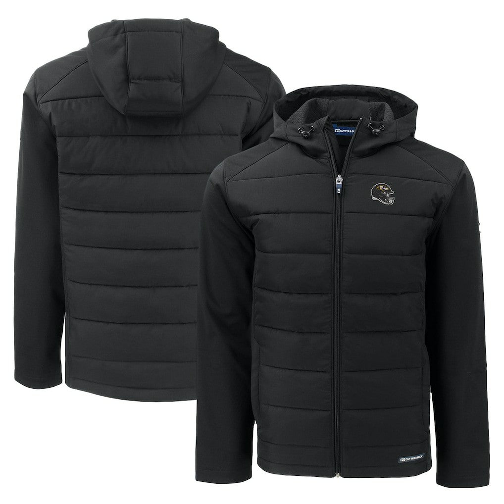 Baltimore Ravens Cutter & Buck Helmet Evoke Hybrid Eco Softshell Recycled Full-Zip Hoodie Jacket Black | NFL
