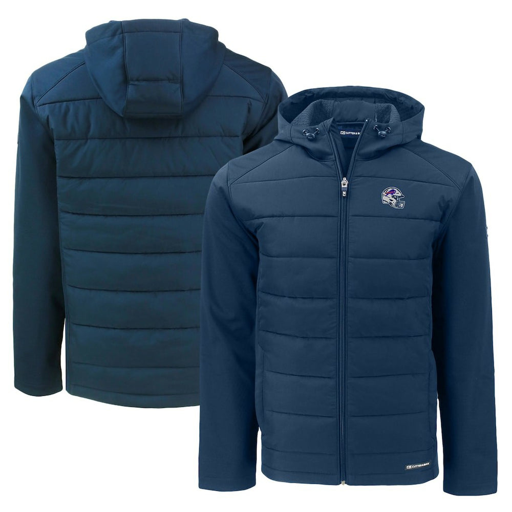 Buffalo Bills Cutter & Buck Helmet Evoke Hybrid Eco Softshell Recycled Full-Zip Hoodie Jacket Navy | NFL
