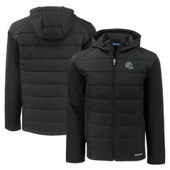 Detroit Lions Cutter & Buck Helmet Evoke Hybrid Eco Softshell Recycled Full-Zip Hoodie Jacket Black | NFL