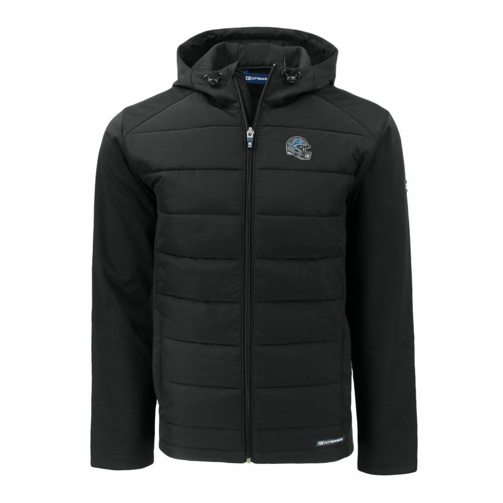 Detroit Lions Cutter & Buck Helmet Evoke Hybrid Eco Softshell Recycled Full-Zip Hoodie Jacket Black | NFL