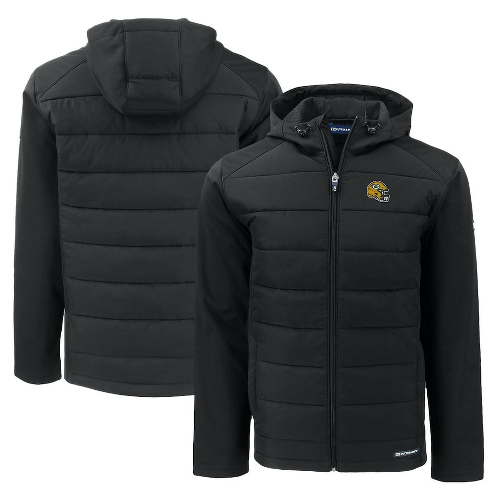 Green Bay Packers Cutter & Buck Helmet Evoke Hybrid Eco Softshell Recycled Full-Zip Hoodie Jacket Black | NFL