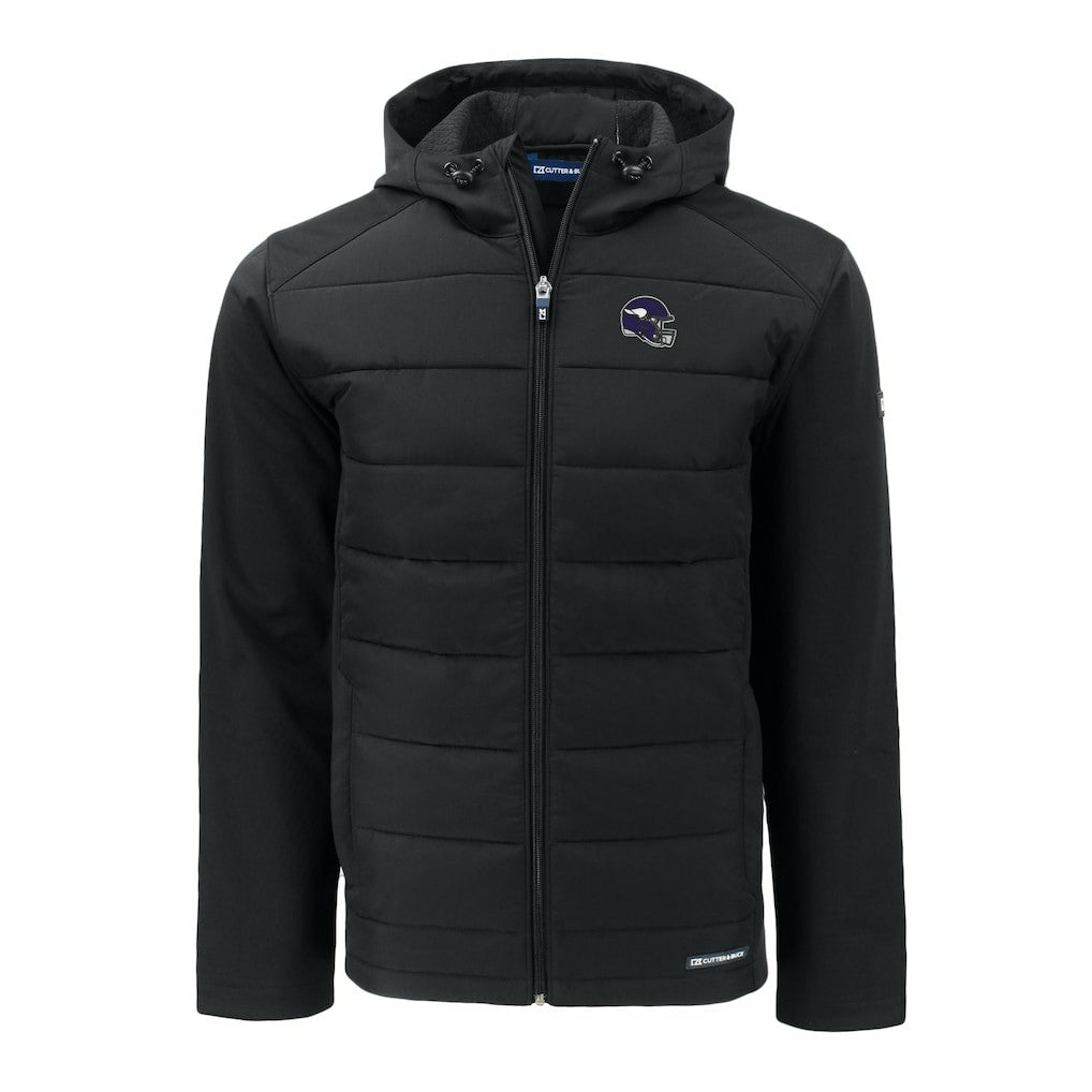 Minnesota Vikings Cutter & Buck Helmet Evoke Hybrid Eco Softshell Recycled Full-Zip Hoodie Jacket Black | NFL
