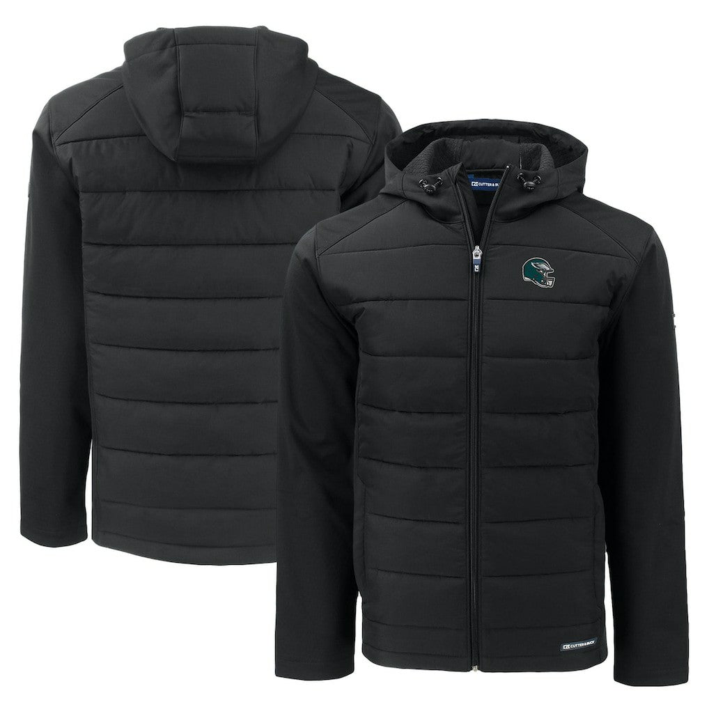 Philadelphia Eagles Cutter & Buck Helmet Evoke Hybrid Eco Softshell Recycled Full-Zip Hoodie Jacket Black | NFL