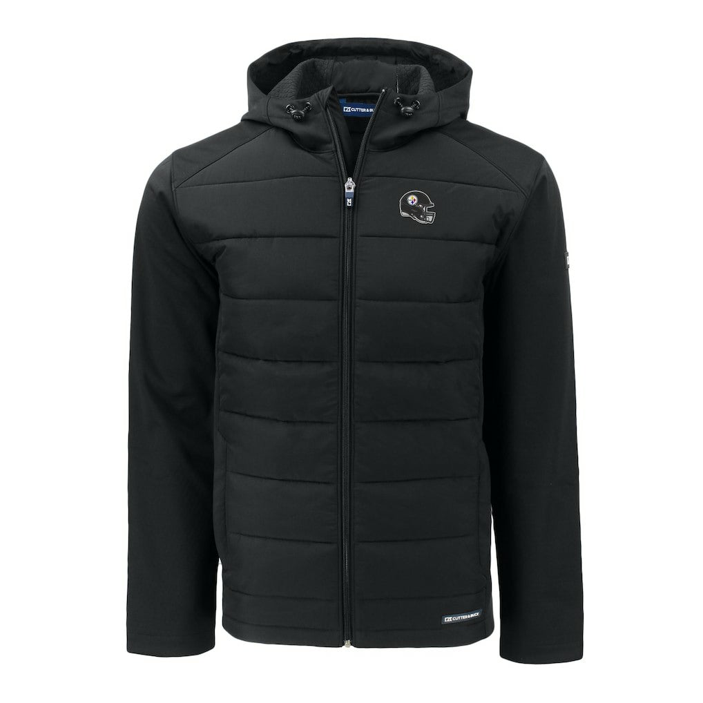 Pittsburgh Steelers Cutter & Buck Helmet Evoke Hybrid Eco Softshell Recycled Full-Zip Hoodie Jacket Black | NFL